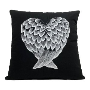 Angel Wing Heart Embroidered Black Pillow