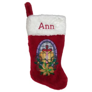 Stained Glass Cross Personalized Red Christmas Stocking
