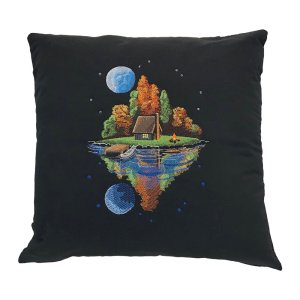 Moonlit Fall Cabin Embroidered Pillow