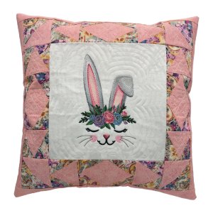 Bunny Face in Flower Crown Embroidered Quilt Top Pillow