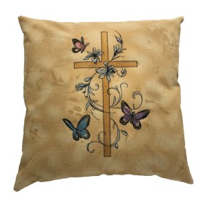 Cross and Butterflies Embroidered Pillow