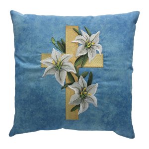 Elegant Lilies and Cross Embroidered Throw Pillow