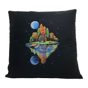 Moonlit Fall Cabin Embroidered Pillow