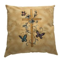 Cross and Butterflies Embroidered Pillow