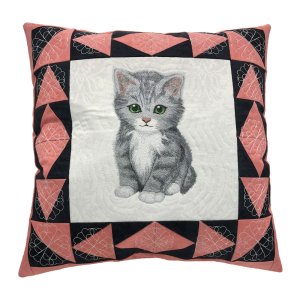 Sweet Gray Kitten Embroidered Quilt Top Pillow