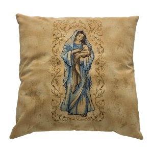 Mary and Baby Jesus in Botanical Frame Embroidered Pillow