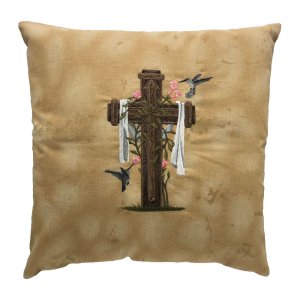 Cross and Hummingbirds Embroidered Throw Pillow
