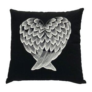 Angel Wing Heart Embroidered Black Pillow