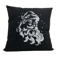 Santa Face Embroidered Black Pillow