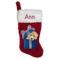 Puppy Present Personalized Red Christmas Stocking